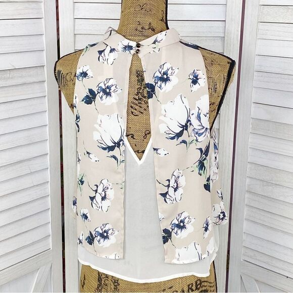 Astr the Label Floral Chiffon Layered Split Black Crop Blouse Blush XS - Picture 5 of 14